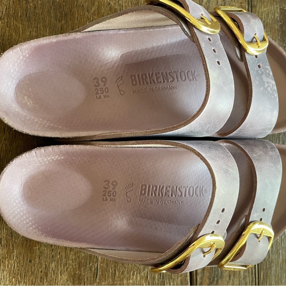 Lavender Birkenstock Double Strap Sandals with Gold Buckles - Size 39 - Picture 2 of 3